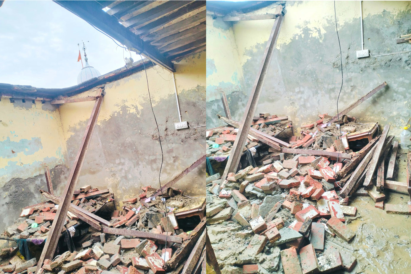 With a rain, the roof of a poor man's house fell and that poor man's leg and foot were also broken